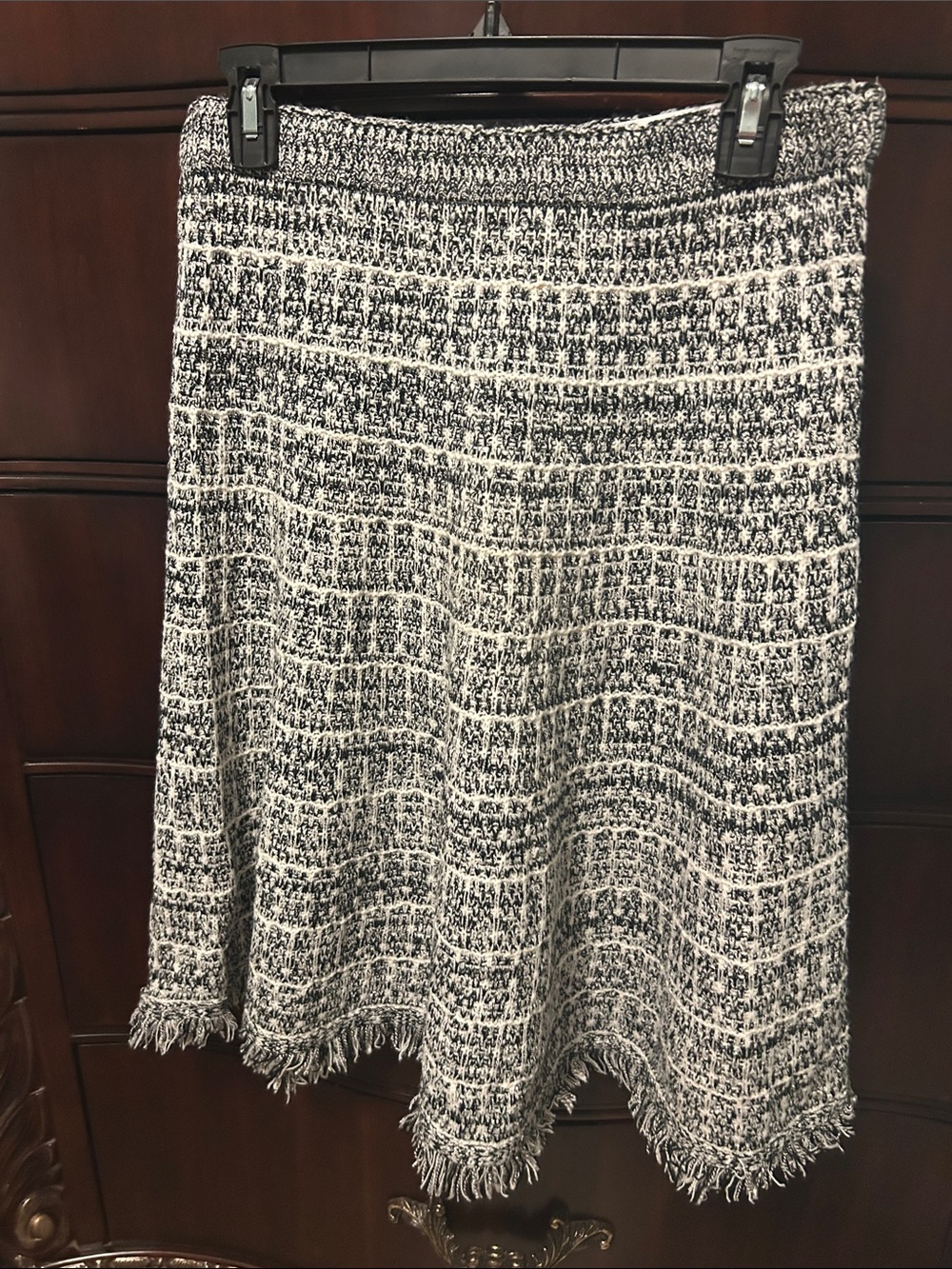 Sioni Black and White Tweed A-Line Skirt with Fringe Hem